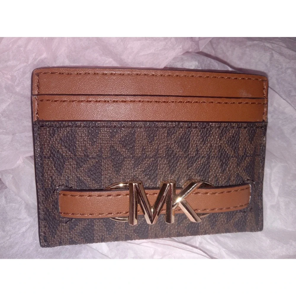Authentic Michael Kors Reed Large Card Holder Wallet Brown MK Signature Logo